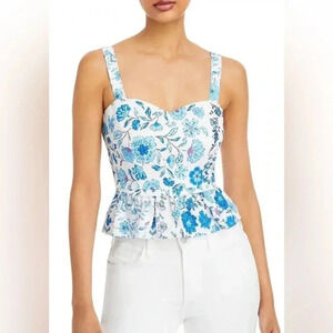 Aqua floral print sweetheart neck blue white peplum exposed zipper back top